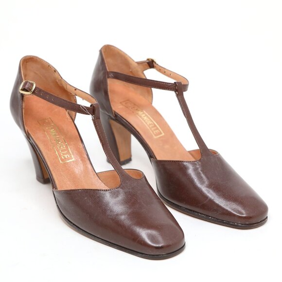 Vintage Emanuelle Brown Leather T-Strap Pumps 80s Chunky Heels Retro Granny - Picture 4 of 12